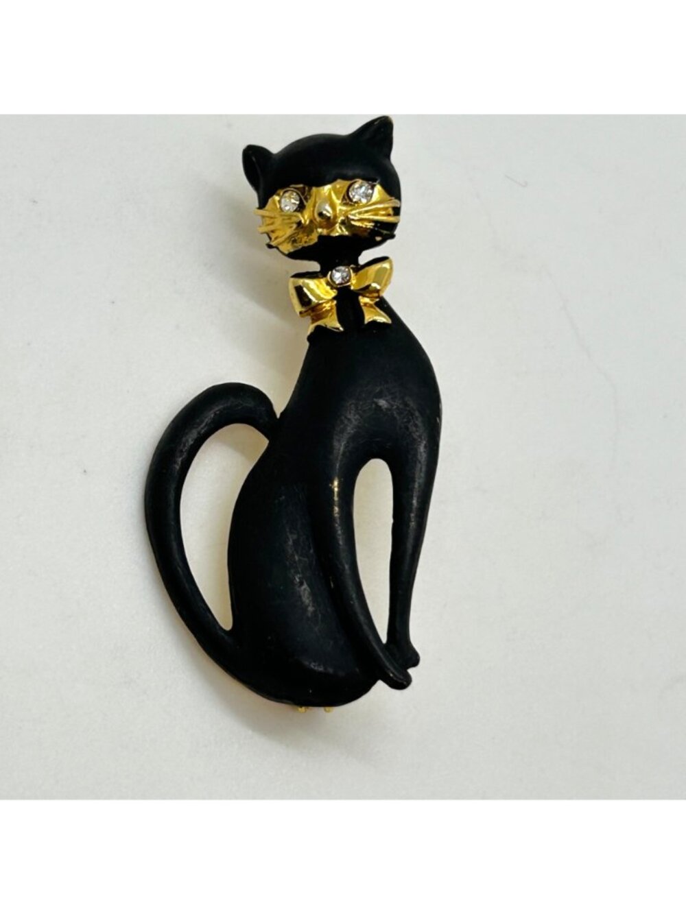 Vintage Black Matte Enamel Siamese Cat Brooch With Gold-Tone Rhinestone Bow - Picture 9 of 11